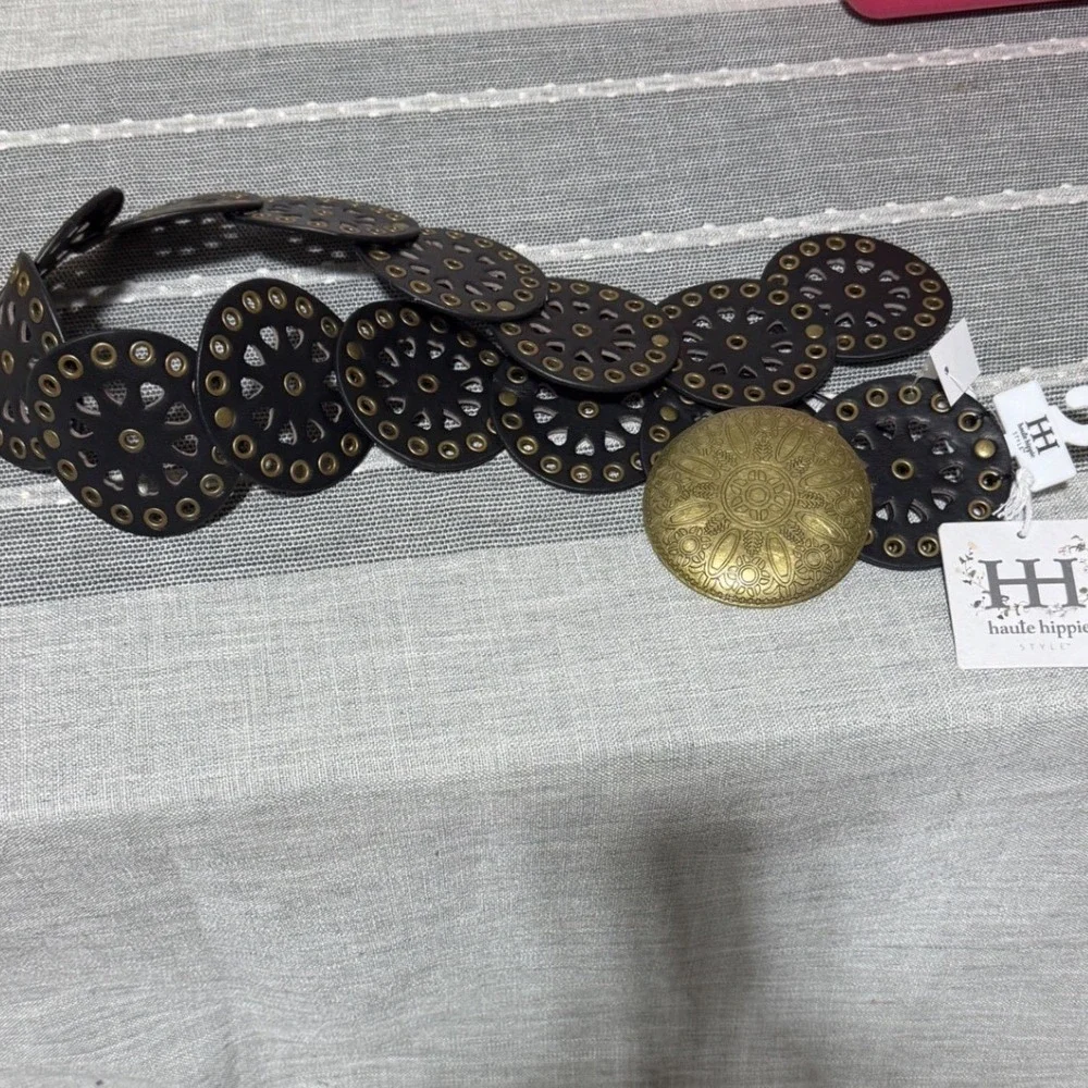 Haute Hippie‎ Style Black Leather Medallion Belt Ornate Gold Buckle Boho New